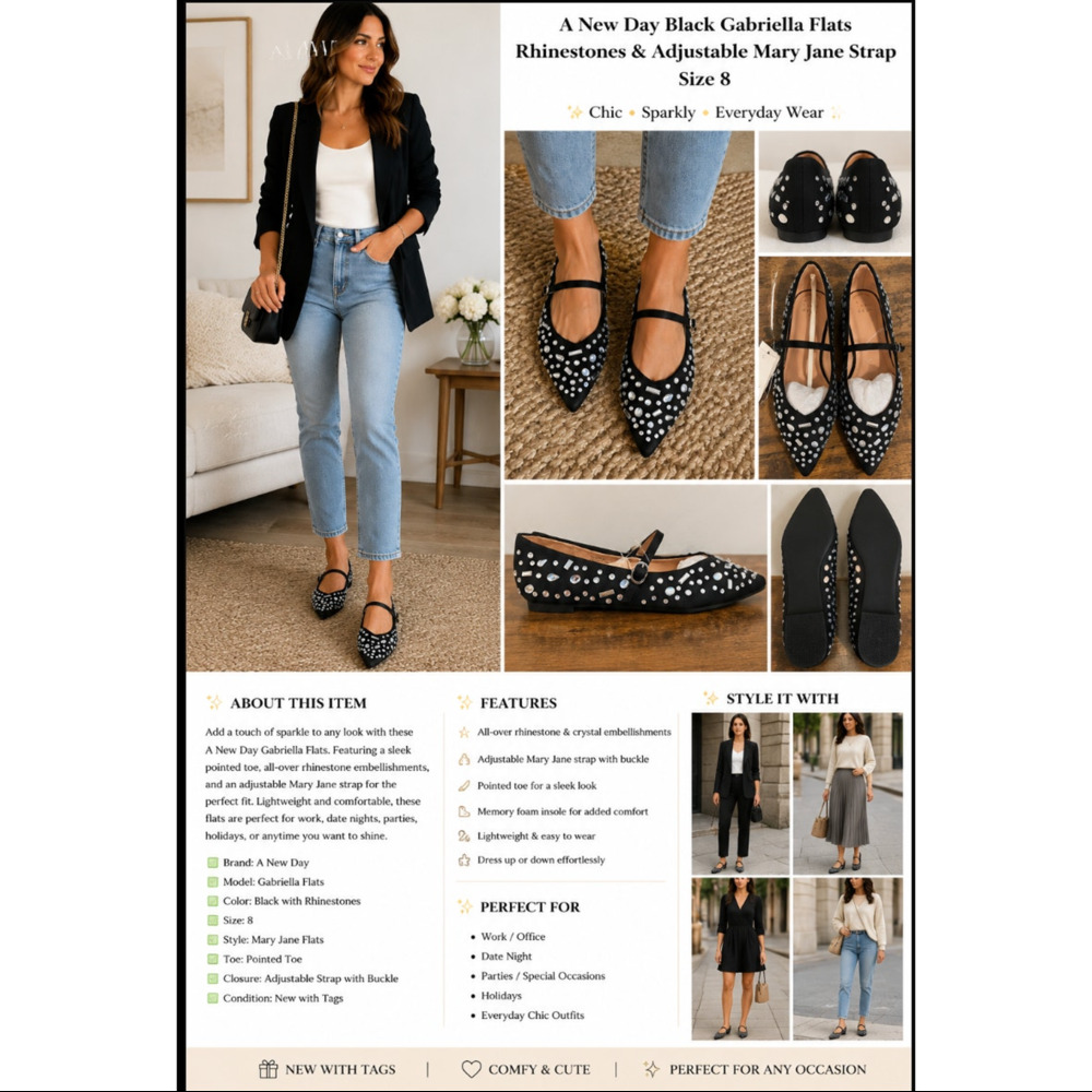 A New Day Gabriella Black Rhinestone Mary Jane Flats Pointed Toe NWT Sz 8